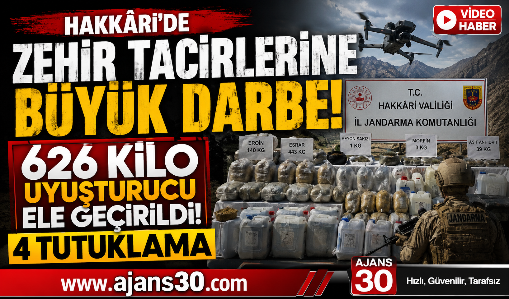 Hakkâri’de 626 Kilo Uyuşturucu Ele Geçirildi, 4 Şüpheli Tutuklandı